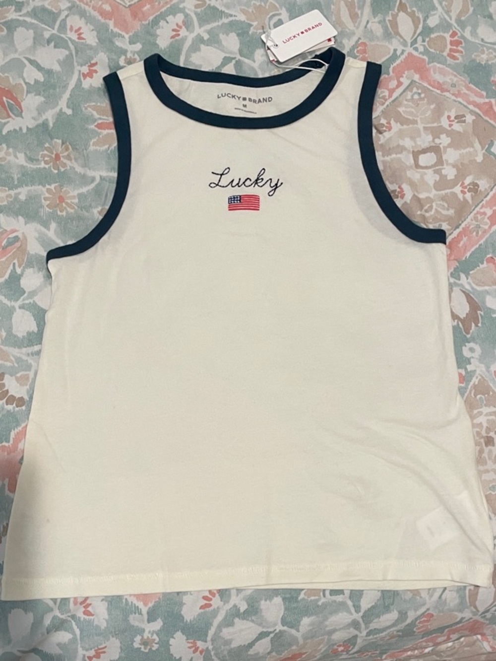 Lucky Brand Cream Tank with Navy Trim and Embroidered Flag
